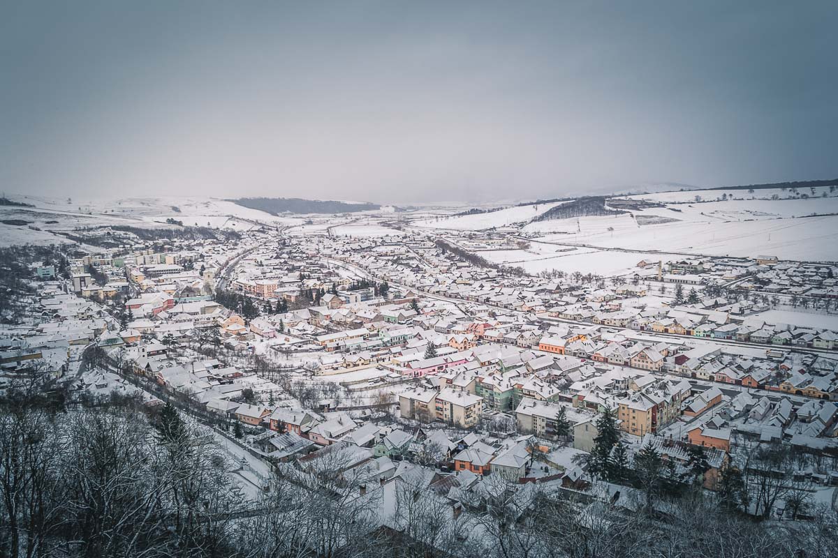 The city of Rupea in the winter captured from the highest point in the citadel.