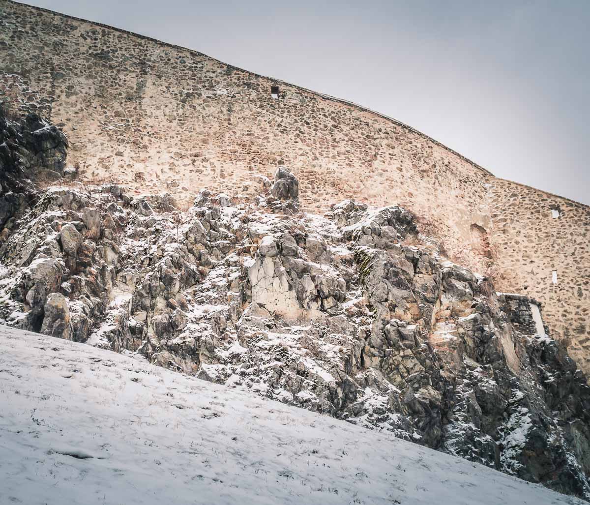 Large rocks and the defense wall.