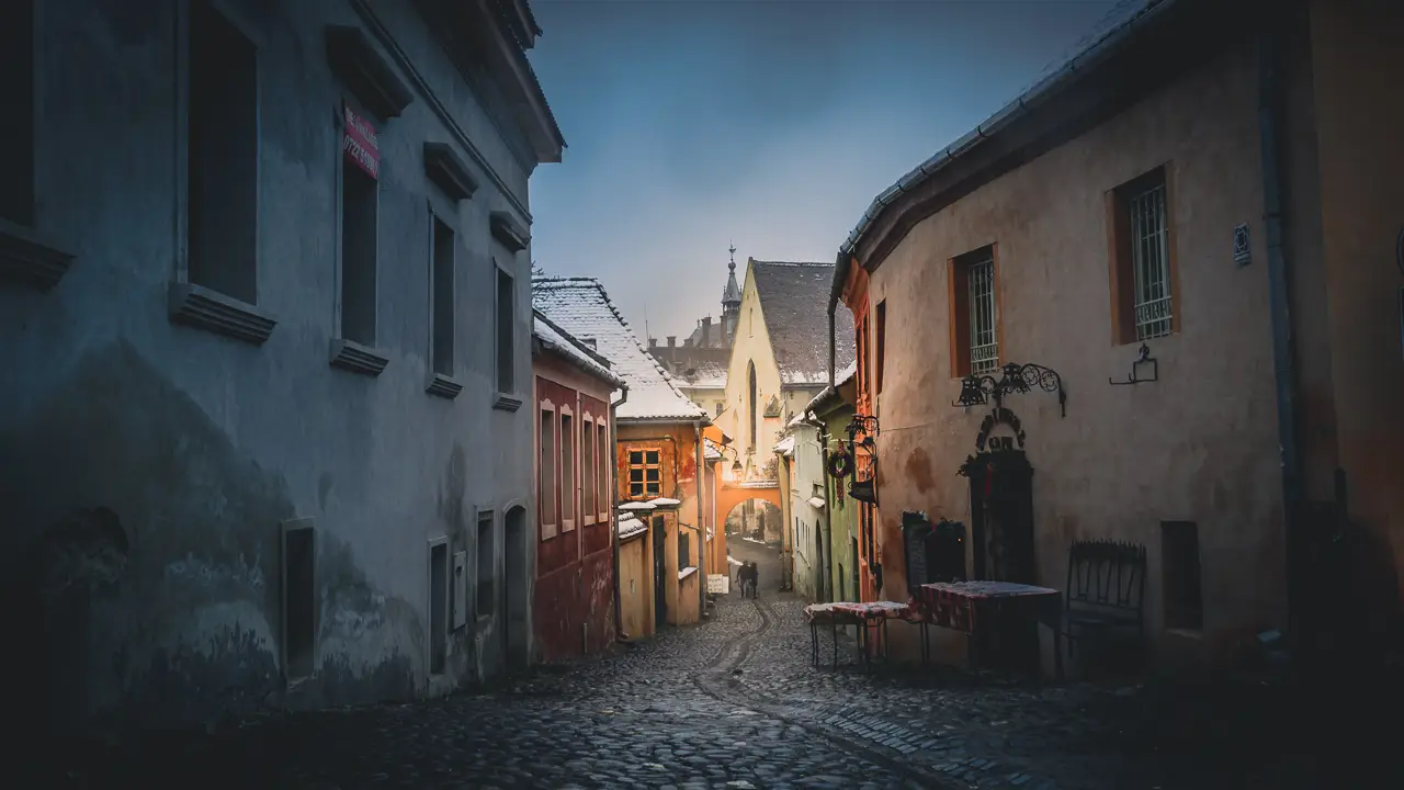 Street in Sighisoara medieval citadel in winter