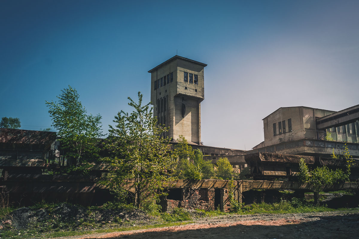 Large mine shaft and narrow gauge coal hoppers.