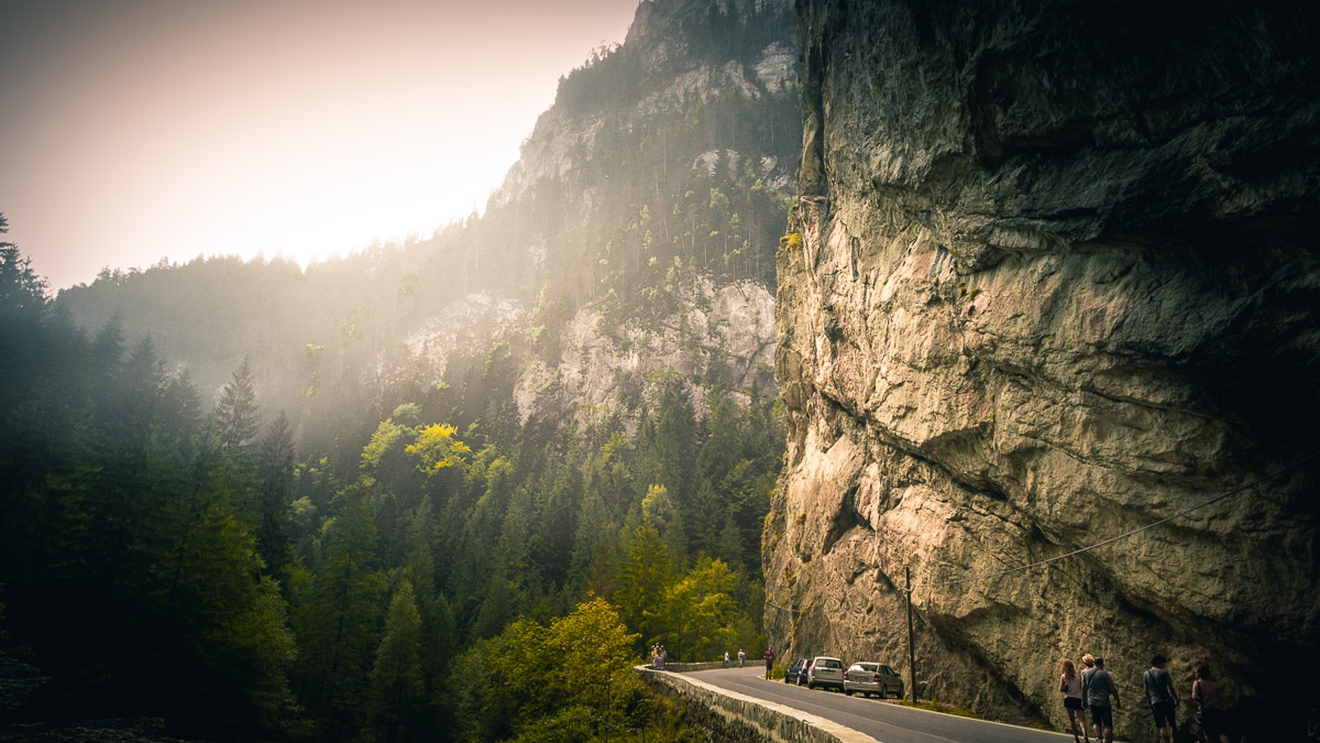 Sunlight on the steep cliffs in the Bicaz gorge.