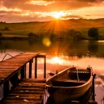 Lake Ruganesti with a fishing boat at sunset