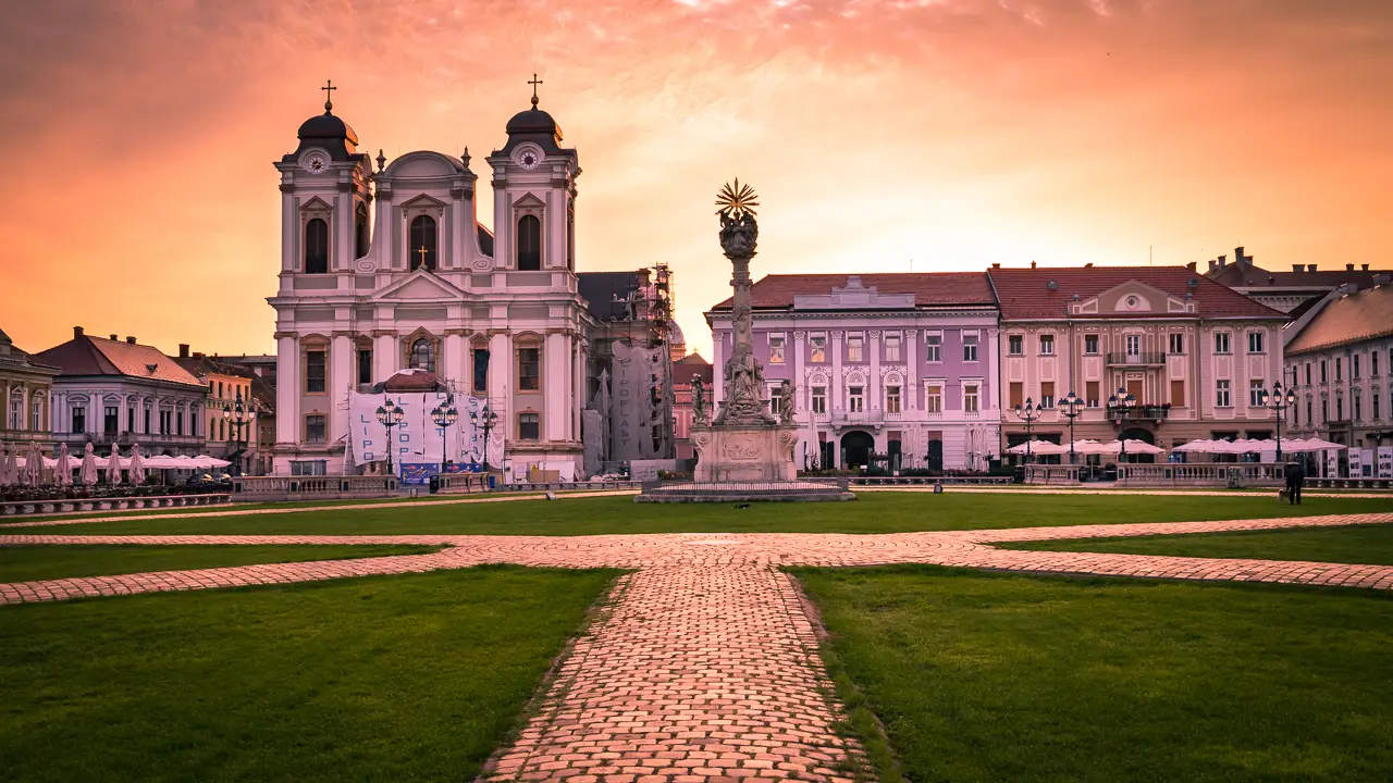 Unirii Square in Timisoara during sunrise.