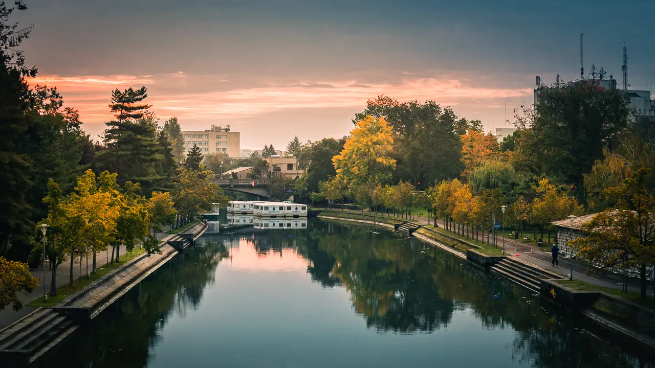 The Bega canal near the Orthodox Metropolitan Cathedral with the vaporetto next to the Mihai Viteazu bridge.