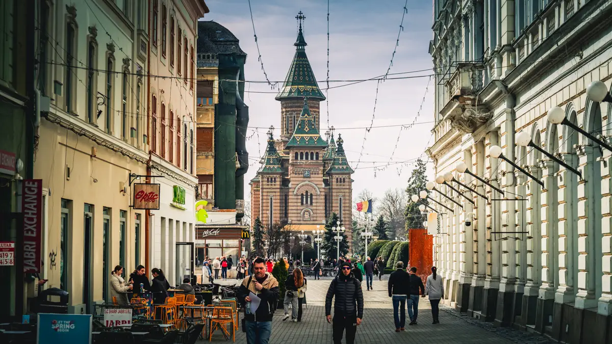 Close-up photo of the Metropolitan Cathedral in Timisoara.