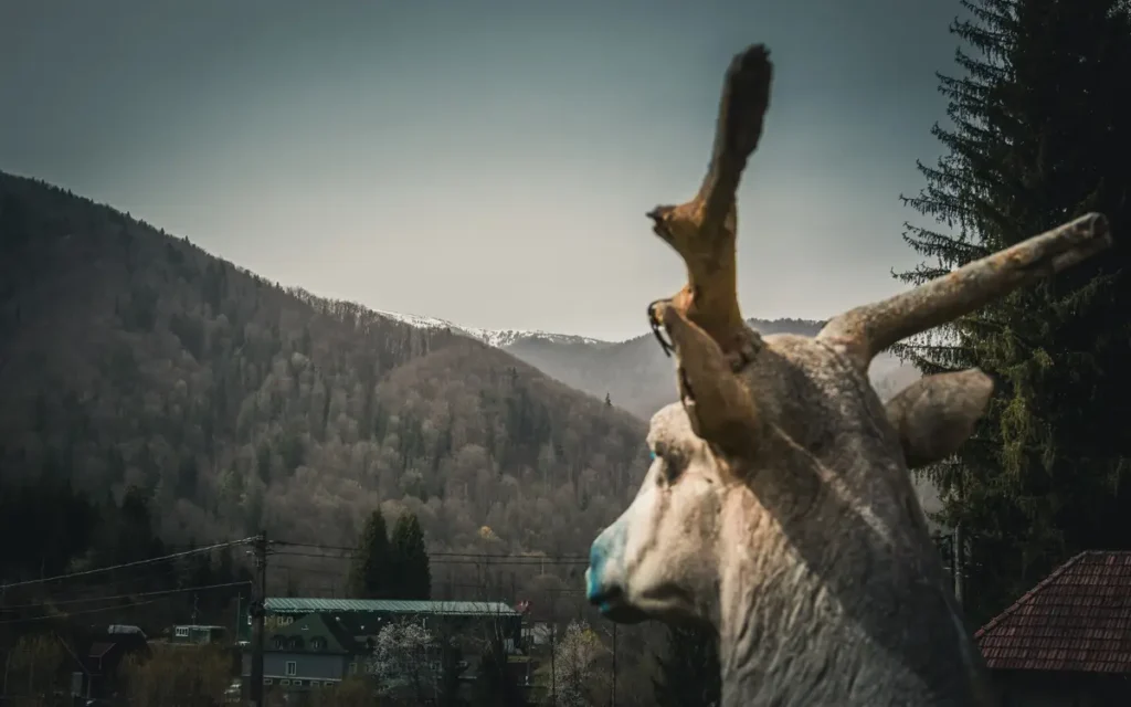 Deer statue overlooking the village.