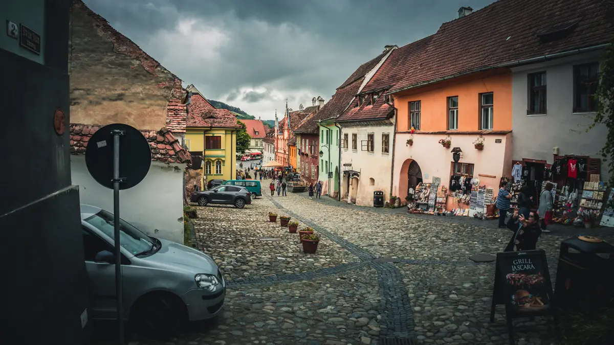 A street paved with cobblestone in Sighisoara medieval citadel.