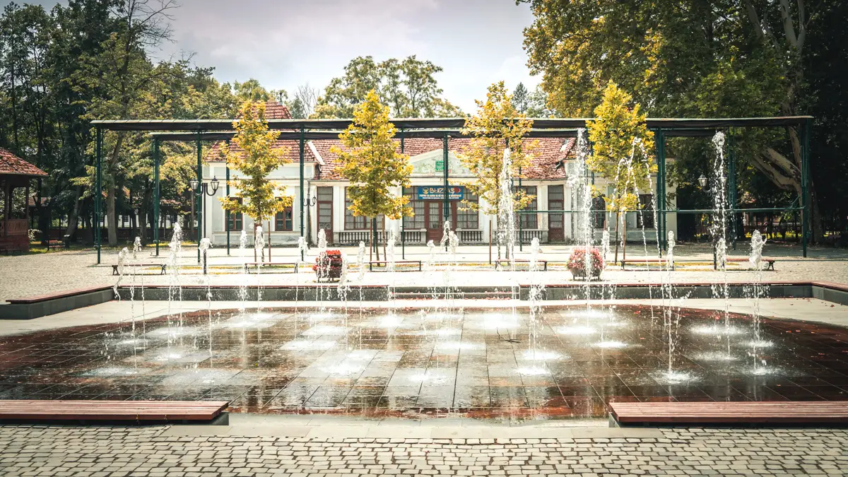 The fountains with an old building in the background.